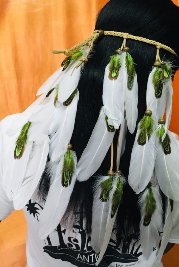 CUSTOM MADE Bohemian Feather Headband - Grass Green Pheasant and White - Image 2