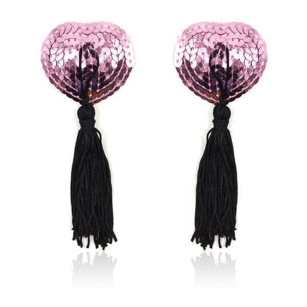 Sequin heart shape Nipple Cover Pastie - LT PINK W/BLACK TASSEL