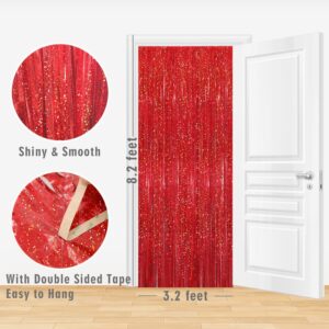 Tinsel Foil Fringe Curtains - 3.2ft x 8.2ft Metallic Shiny Red Foil Fringe Curtain