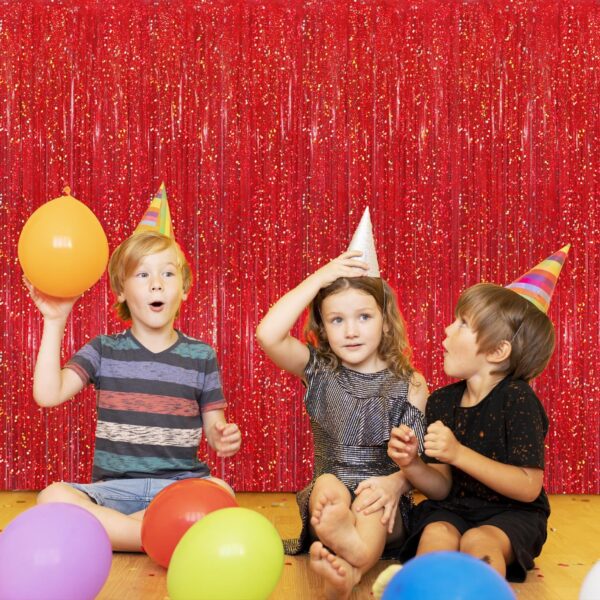 Tinsel Foil Fringe Curtains - 3.2ft x 8.2ft Metallic Shiny Red Foil Fringe Curtain - Image 3
