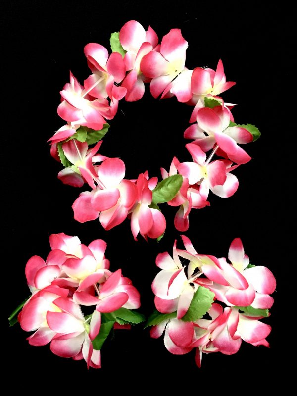 Hawaiian Head & Wrist Set - 3Pcs FUCHSIA PINK- WHITE Hula Leaf Hawaiian Flower Set