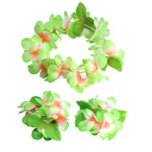 Hawaiian Head & Wrist Set - 3Pcs NEON GREEN-WHITE Hula Leaf Hawaiian Flower Set