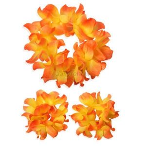 Hawaiian Head & Wrist Set - 3Pcs NEON ORANGE-YELLOW Hula Hawaiian Flower Set