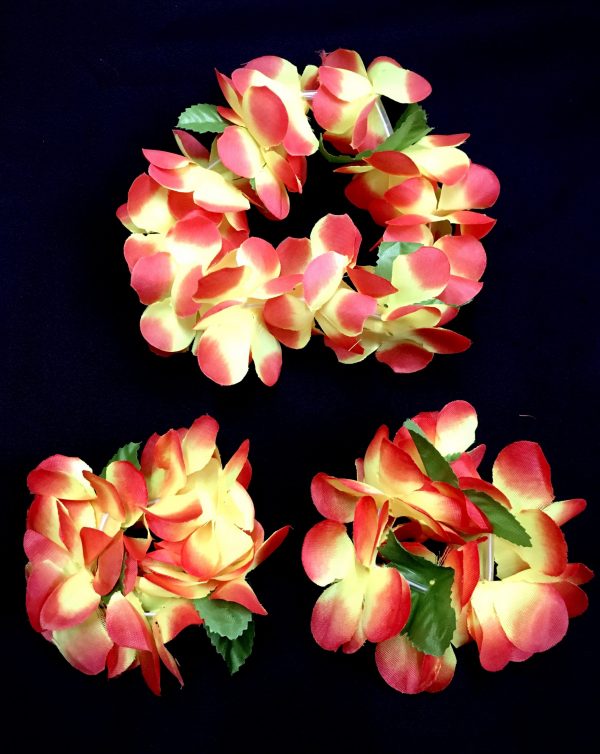 Hawaiian Head & Wrist Set - 3Pcs ORANGE RED YELLOW Hula Leaf Hawaiian Flower Set