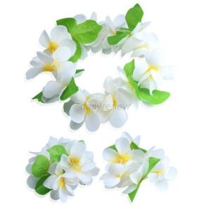 Hawaiian Head & Wrist Set - 3Pcs WHITE Hula Leaf Hawaiian Flower Set