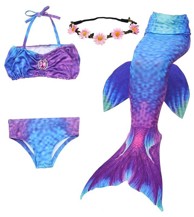 Mermaid Costume Bathing suit for Girls - 4 Pcs Purple/Blue Tail Wing  CHD SIZE: 7/8