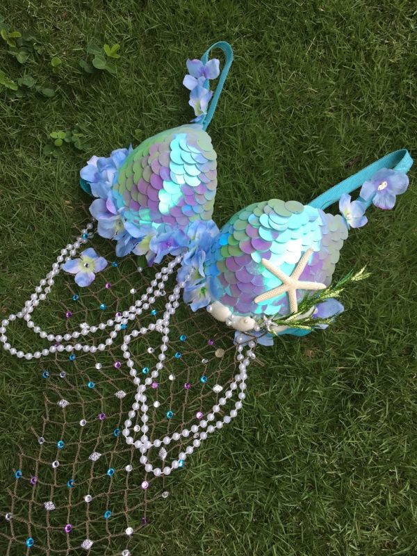 MERMAID BRAS - Custom made Hand made Sequin Mermaid Rave Bra(SKY BLUE)