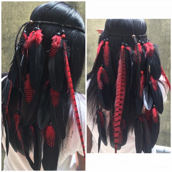 CUSTOM MADE Bohemian Feather Headband Red Guinea Hen Phesant with Black Nagoire #7