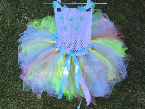 CUSTOM MADE Child tutu dress – Girls Soft Neon/White fluffy Sparkle Tutu dress SIZE 6YRS