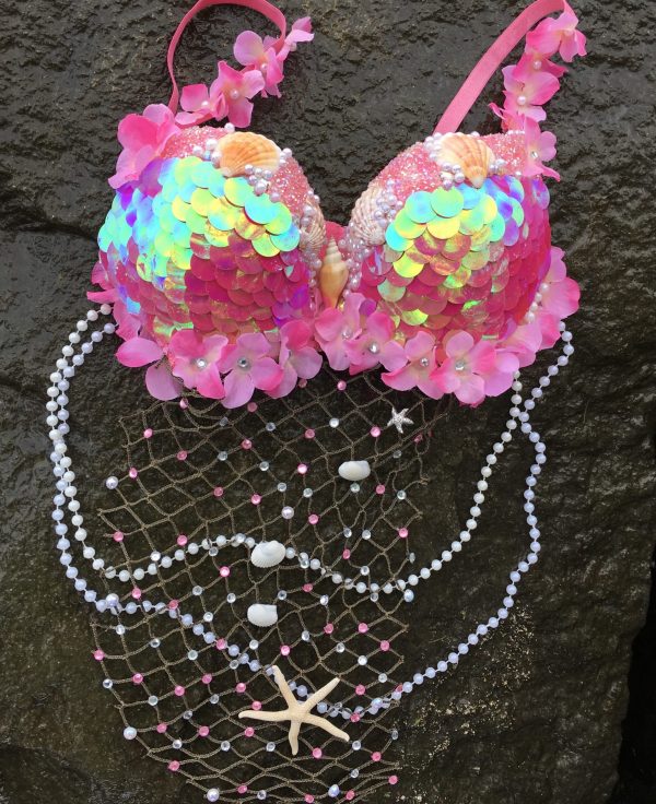 MERMAID BRAS - Custom made Hand made Sequin Mermaid Rave Bra (PINK) - Image 2