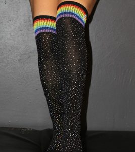 SOCKS - Over Knee High Socks - Black-Multicolor Stripe Diamond Rhinestone