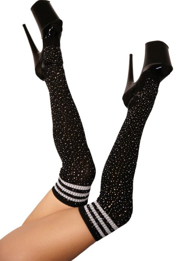 SOCKS - Over Knee High Socks  - Black-White Stripe Diamond Rhinestone