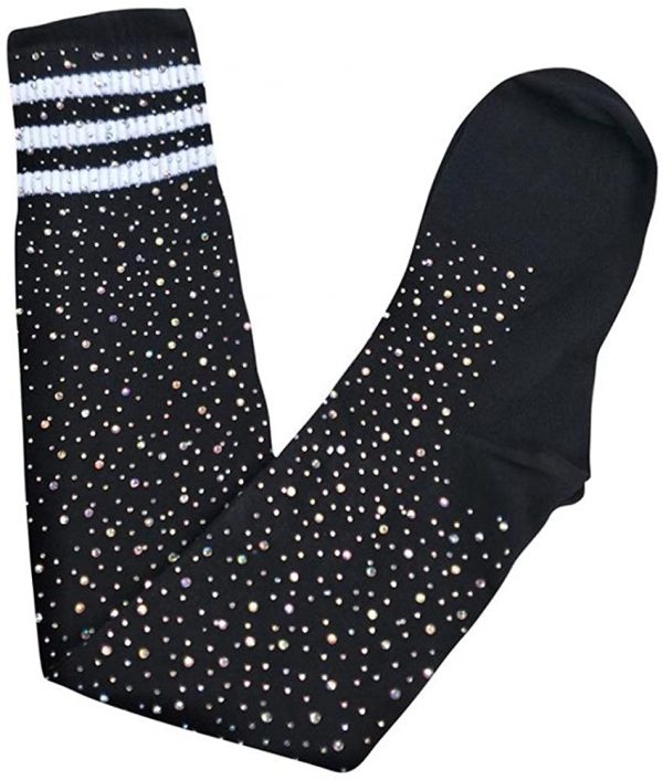 SOCKS - Over Knee High Socks  - Black-White Stripe Diamond Rhinestone - Image 2