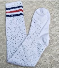 SOCKS - Over Knee High Socks - Red -Blue stripe Diamond Rhinestone