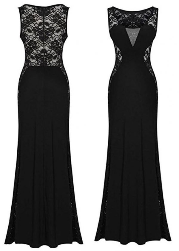 Women Nude Illusion V Neck Sexy Lace Prom Evening Gowns Lace Long Dress SIZE LARGE