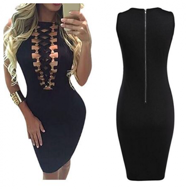Women Sleeveless V Neck Plunge Bandage Evening Cocktail Dress LARGE