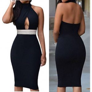 Womens BLACK Elegant Jeweled Waist Halter Party Club Midi Dress SIZE LARGE
