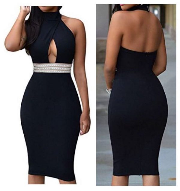 Womens BLACK Elegant Jeweled Waist Halter Party Club Midi Dress SIZE LARGE