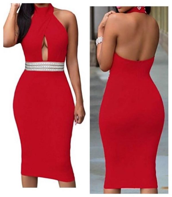 Womens RED Elegant Jeweled Waist Halter Midi Dress SIZE SMALL
