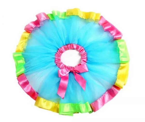 ADULT RIBBON TUTU – Aqua with Yellow, Green and Pink
