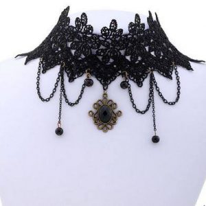 Lace Choker - Black Braided Fabric Lace Choker Beads Tassel Chain Necklace 14in