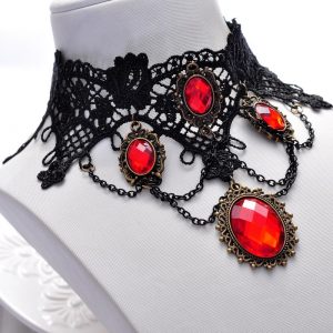 Lace Choker - Black Gothic Lace Choker-Necklace with red stones