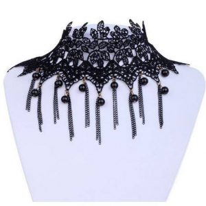 Lace Choker - Gothic Lolita Sexy Lace Flower Cute Beads Pendant Necklace Choker Necklace 12in