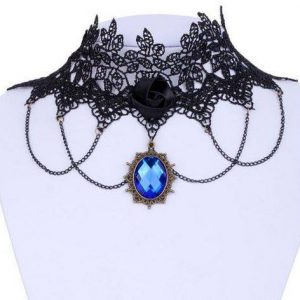 Lace Choker -  Gothic Lolita Blue Glaring Crystal Rose Tassel Chain Choker Necklace 12in