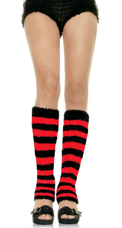 LEG WARMERS - Red and Black Fuzzy Striped Legwarmers