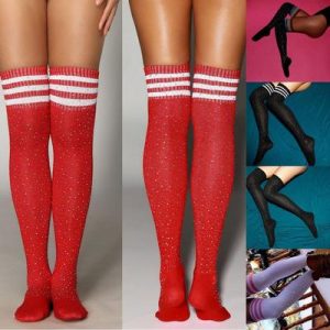 SOCKS - Over Knee High Socks – Red-White Stripe Diamond Rhinestone