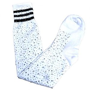 SOCKS - Over Knee High Socks – White-Black Stripe Diamond Rhinestone