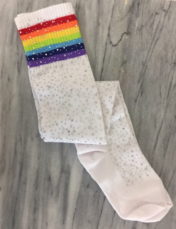 SOCKS - Over Knee High Socks - White/Rainbow Stripe Diamond Rhinestone