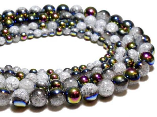 BRACELET - 12MM  Snow Cracked Purple-Blue Silver Plated Crystal Stone Beads