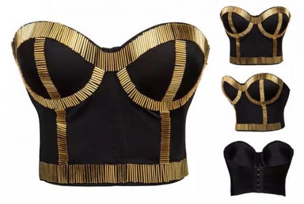 CORSET BUSTIER CROP TOP BEADING -GOLD BLACK Cotton Bustier