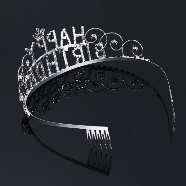 SILVER Happy Birthday Crown Tiara Crystal Rhinestone - Image 4