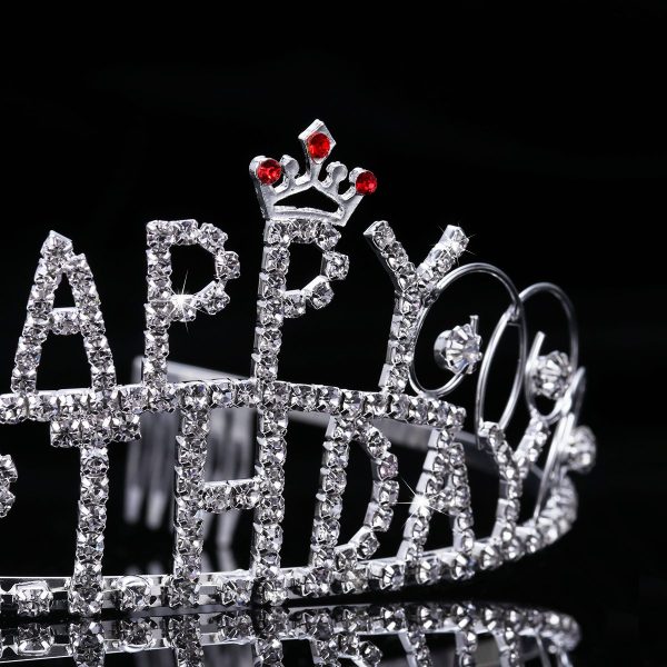 SILVER Happy Birthday Crown Tiara Crystal Rhinestone - Image 3