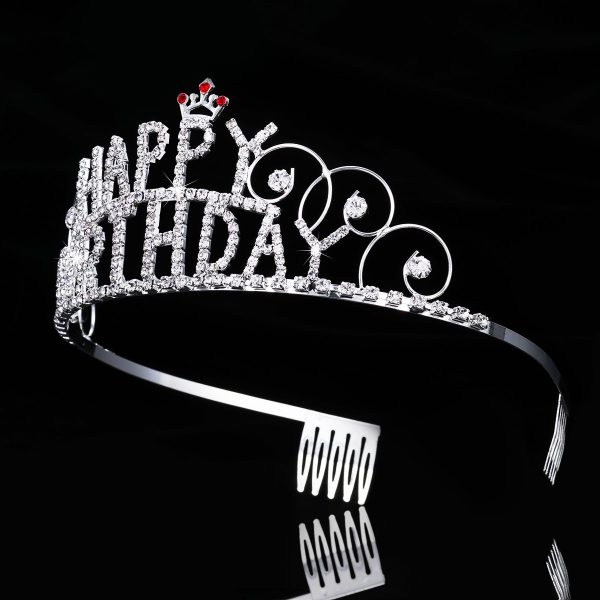SILVER Happy Birthday Crown Tiara Crystal Rhinestone - Image 2