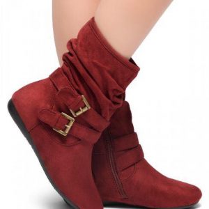 ANKLE HIGH BOOTS - BURGUNDY - WOMEN'S HERSTYLE BURGUNDY FLAT HEEL SIDE ZIPPER, DOUBLE BUCKLE STRAPS, SLOUCH ANKLE BOOTS  SIZE: 10