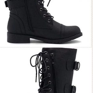 COMBAT BOOTS - BLACK - Military Faux Leather Mid Calf Buckle Zipper Accent Lace Up Combat Boots  SIZE: 9