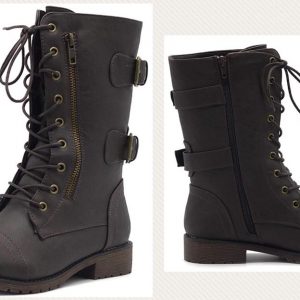 COMBAT BOOTS - BROWN  DK - Military Faux Leather Mid Calf Buckle Zipper Accent Lace Up Combat Boots  SIZE: 9.5
