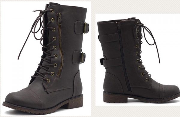 COMBAT BOOTS - BROWN  DK - Military Faux Leather Mid Calf Buckle Zipper Accent Lace Up Combat Boots  SIZE: 9.5