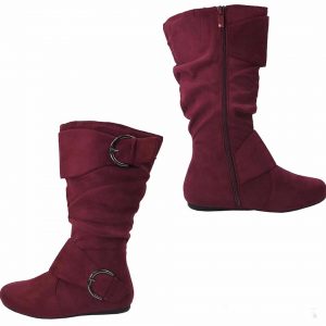 MID CALF HIGH BOOTS -BURGUNDY - Burgundy Mid Calf Suede Boots with Buckle and Side Zipper SIZE: 10