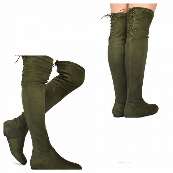 OVER KNEE BOOTS - GREEN - Comfy Vegan OLIVE Suede Side Zipper Over The Knee Boots SIZE: 8.5