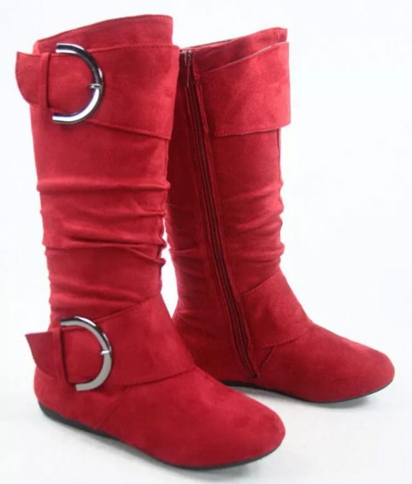 MID CALF BOOTS - RED - DEEP RED/BURGUNDY Women’s Mid-Calf round tie BUCKLE Boots