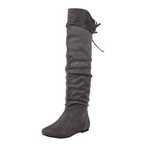 OVER KNEE BOOTS - GREY - Womens Bangkok Thigh High Over The Knee Flat Faux Suede Boots SIZE: 10