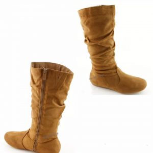 MID CALF HIGH BOOTS - TAN - SUEDE Women’s Mid-Calf slouchy flat casual dress boots
