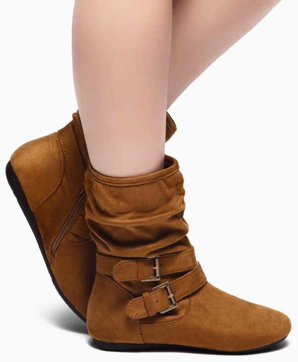 ANKLE HIGH BOOTS - COGNAC - WOMEN'S FLAT HEEL SIDE ZIPPER, DOUBLE BUCKLE STRAPS, SLOUCH ANKLE BOOTS SIZE: 10