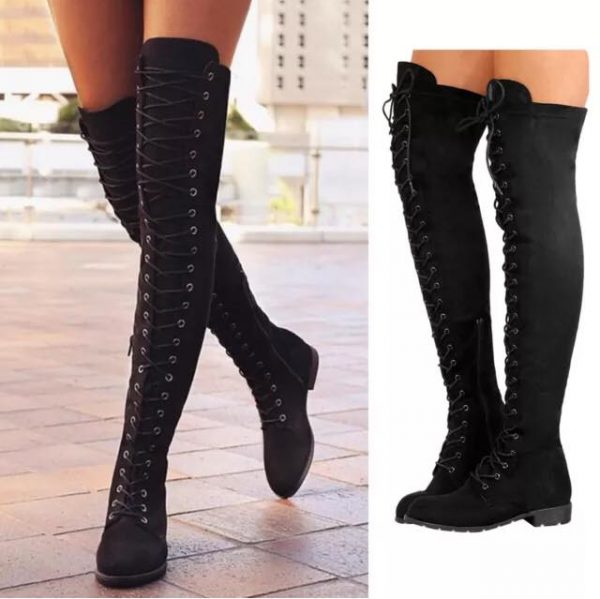 OVER KNEE BOOTS - BLACK - Women Black Lace Up Side Zip Over The Knee Boots