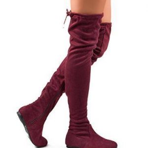 THIGH HIGH BOOTS - BURGUNDY - Women WINE Fashion Comfy Vegan Suede Side Zipper Thigh High Boots SIZE: 8.5