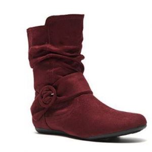 ANKLE HIGH BOOTS - BURGUNDY - Women's Fashion Calf Flat Heel Side Zipper, Buckled, Slouch Ankle Boots SIZE: 8
